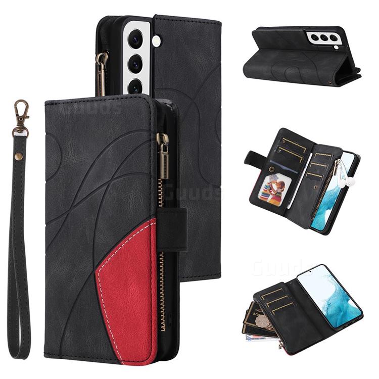 Luxury Two-color Stitching Multi-function Zipper Leather Wallet Case Cover for Samsung Galaxy S22 - Black