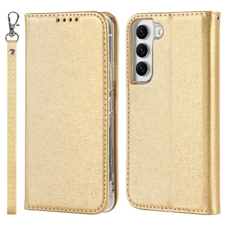 Ultra Slim Magnetic Automatic Suction Silk Lanyard Leather Flip Cover for Samsung Galaxy S22 - Golden
