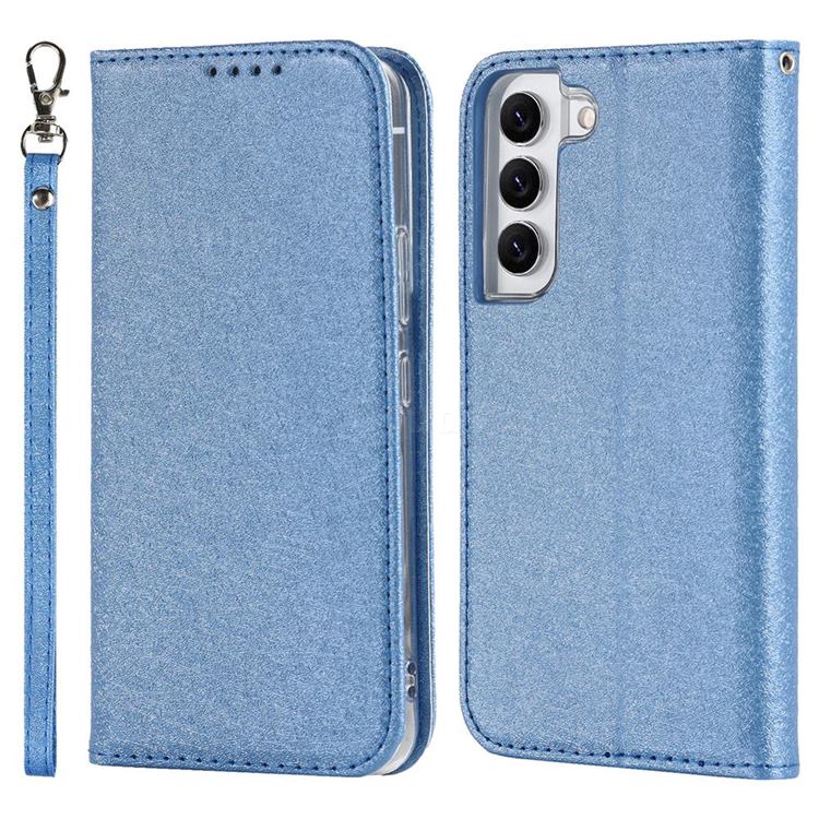 Ultra Slim Magnetic Automatic Suction Silk Lanyard Leather Flip Cover for Samsung Galaxy S22 - Sky Blue