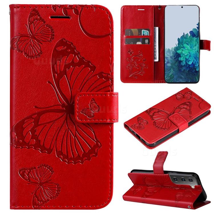 Embossing 3D Butterfly Leather Wallet Case for Samsung Galaxy S22 - Red