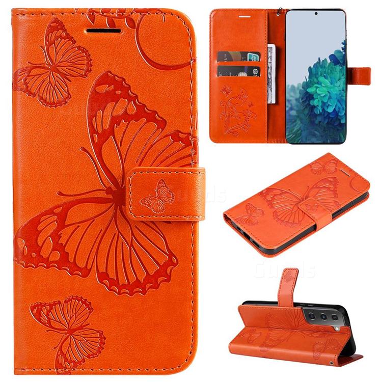 Embossing 3D Butterfly Leather Wallet Case for Samsung Galaxy S22 - Orange