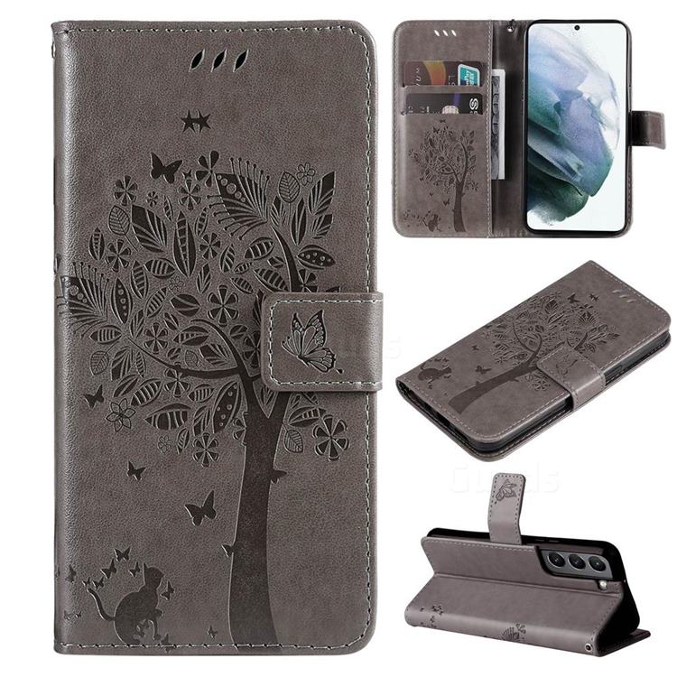 Embossing Butterfly Tree Leather Wallet Case for Samsung Galaxy S22 - Grey