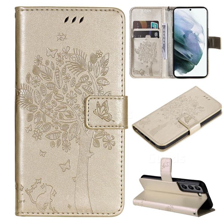 Embossing Butterfly Tree Leather Wallet Case for Samsung Galaxy S22 - Champagne