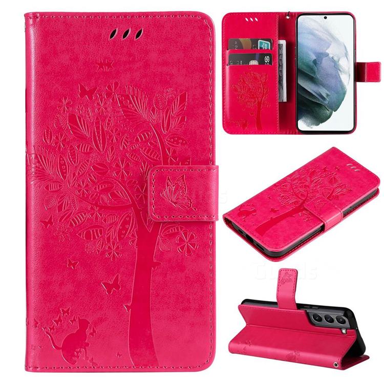 Embossing Butterfly Tree Leather Wallet Case for Samsung Galaxy S22 - Rose