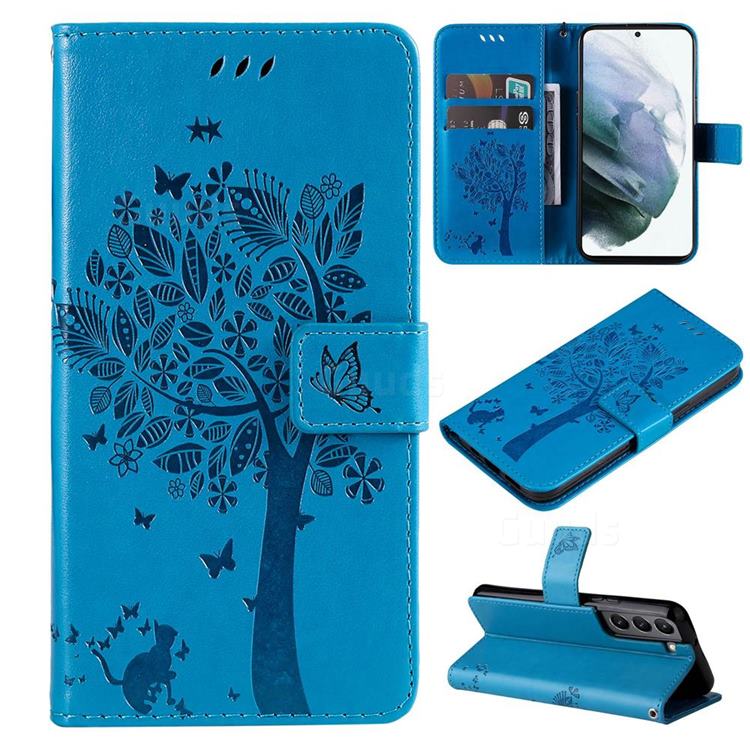 Embossing Butterfly Tree Leather Wallet Case for Samsung Galaxy S22 - Blue