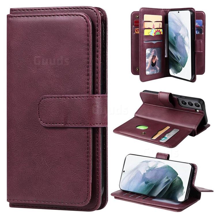 Multi-function Ten Card Slots and Photo Frame PU Leather Wallet Phone Case Cover for Samsung Galaxy S22 - Claret