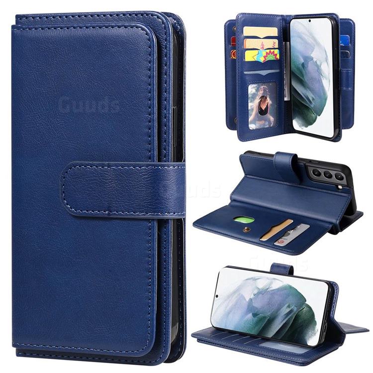 Multi-function Ten Card Slots and Photo Frame PU Leather Wallet Phone Case Cover for Samsung Galaxy S22 - Dark Blue