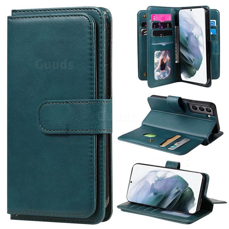 Multi-function Ten Card Slots and Photo Frame PU Leather Wallet Phone Case Cover for Samsung Galaxy S22 - Dark Green
