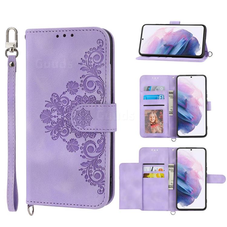 Skin Feel Embossed Lace Flower Multiple Card Slots Leather Wallet Phone Case for Samsung Galaxy S22 - Purple