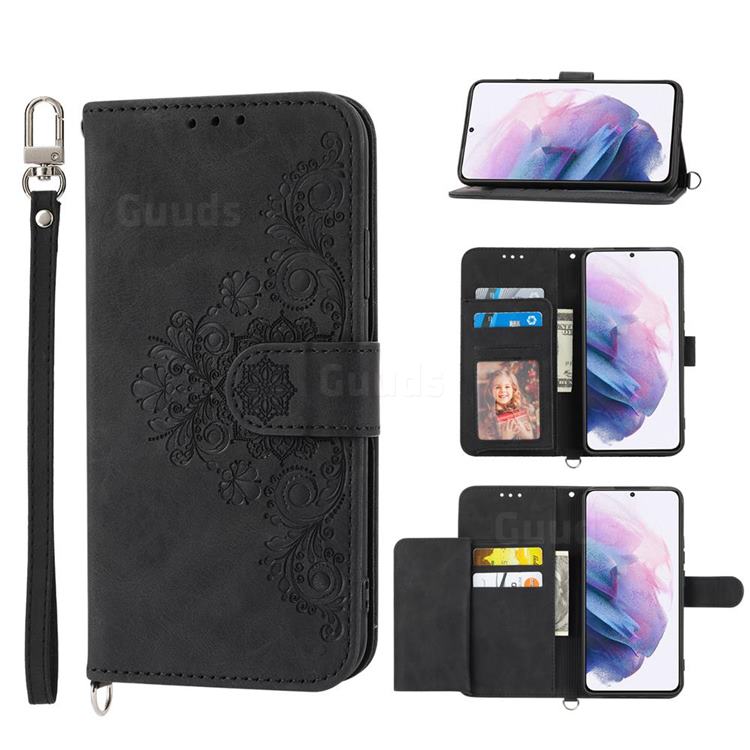 Skin Feel Embossed Lace Flower Multiple Card Slots Leather Wallet Phone Case for Samsung Galaxy S22 - Black