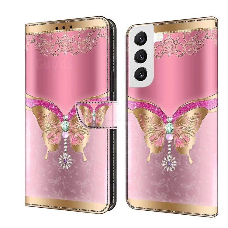 Pink Diamond Butterfly Crystal PU Leather Protective Wallet Case Cover for Samsung Galaxy S22