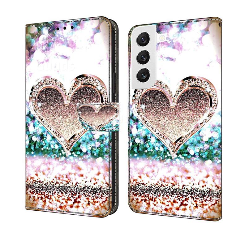 Pink Diamond Heart Crystal PU Leather Protective Wallet Case Cover for Samsung Galaxy S22