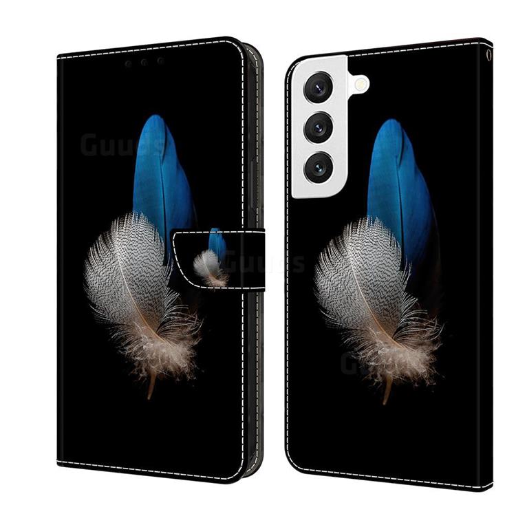 White Blue Feathers Crystal PU Leather Protective Wallet Case Cover for Samsung Galaxy S22