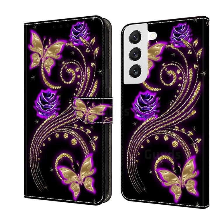 Purple Flower Butterfly Crystal PU Leather Protective Wallet Case Cover for Samsung Galaxy S22