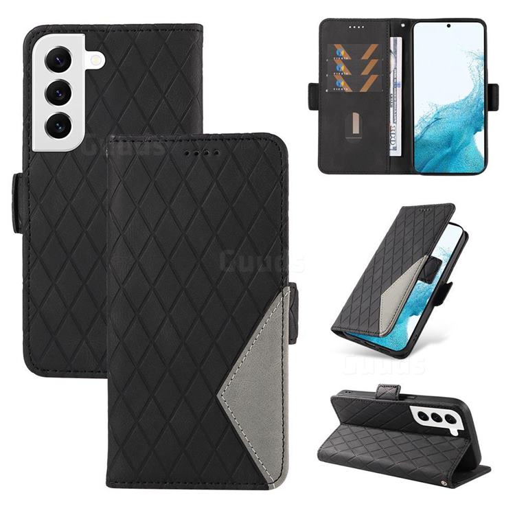 Grid Pattern Splicing Protective Wallet Case Cover for Samsung Galaxy S22 - Black