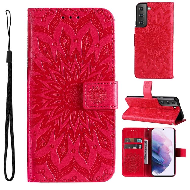 Embossing Sunflower Leather Wallet Case for Samsung Galaxy S22 Plus (S22 Pro) - Red