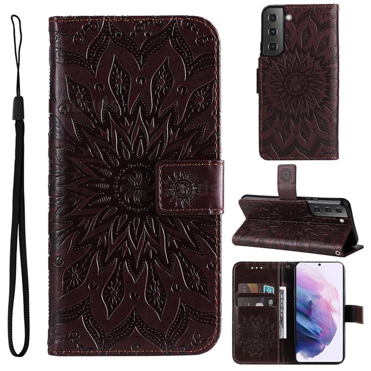 Embossing Sunflower Leather Wallet Case for Samsung Galaxy S22 Plus (S22 Pro) - Brown