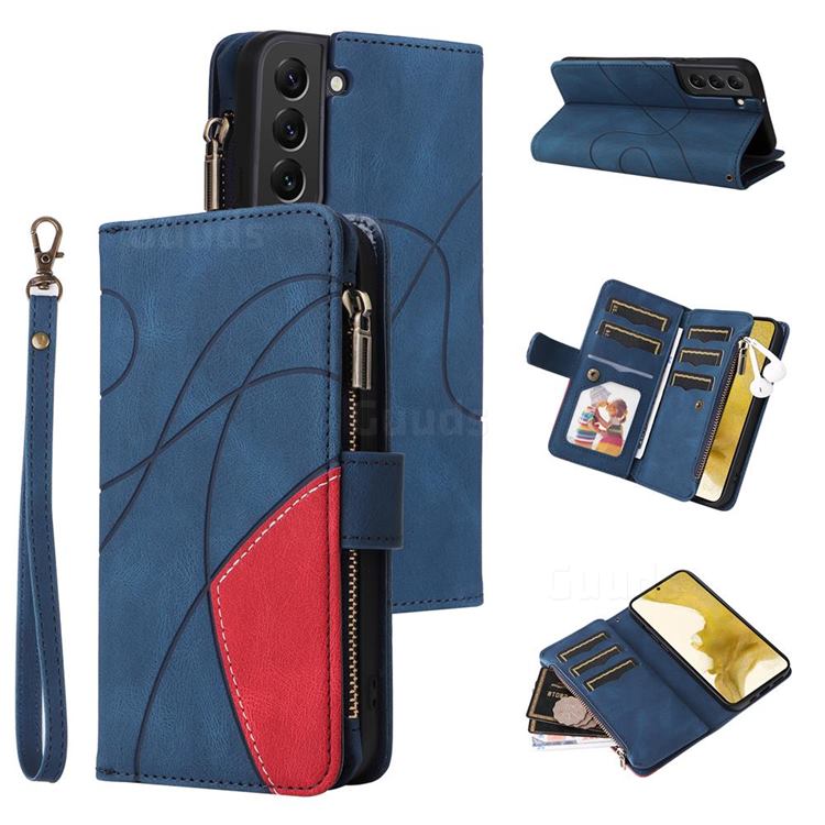 Luxury Two-color Stitching Multi-function Zipper Leather Wallet Case Cover for Samsung Galaxy S22 Plus (S22 Pro) - Blue