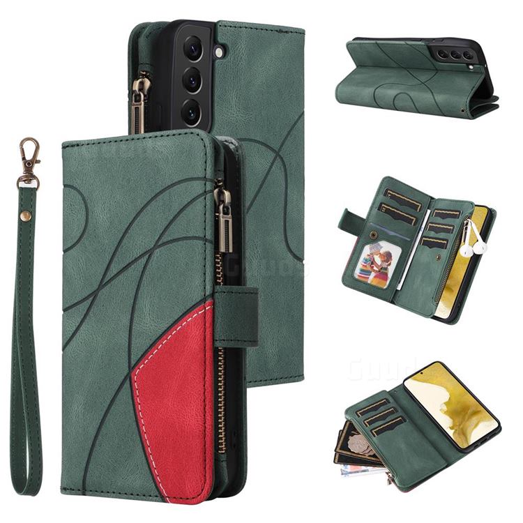 Luxury Two-color Stitching Multi-function Zipper Leather Wallet Case Cover for Samsung Galaxy S22 Plus (S22 Pro) - Green