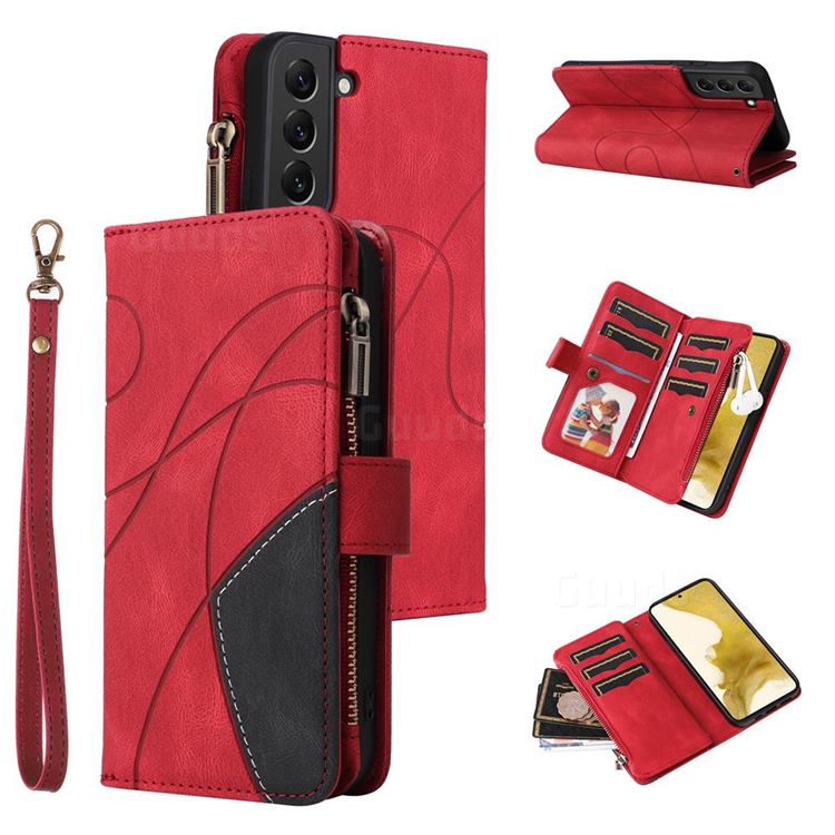 Luxury Two-color Stitching Multi-function Zipper Leather Wallet Case Cover for Samsung Galaxy S22 Plus (S22 Pro) - Red