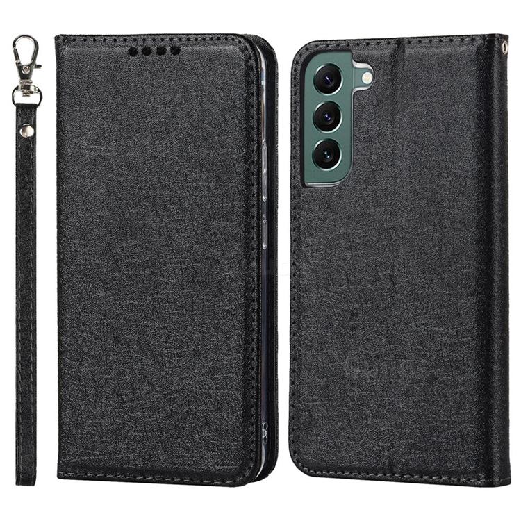 Ultra Slim Magnetic Automatic Suction Silk Lanyard Leather Flip Cover for Samsung Galaxy S22 Plus (S22 Pro) - Black