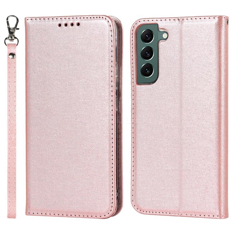 Ultra Slim Magnetic Automatic Suction Silk Lanyard Leather Flip Cover for Samsung Galaxy S22 Plus (S22 Pro) - Rose Gold