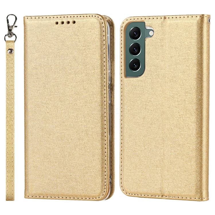 Ultra Slim Magnetic Automatic Suction Silk Lanyard Leather Flip Cover for Samsung Galaxy S22 Plus (S22 Pro) - Golden