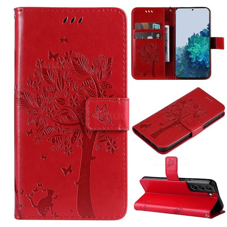 Embossing Butterfly Tree Leather Wallet Case for Samsung Galaxy S22 Plus (S22 Pro) - Red