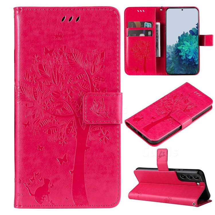 Embossing Butterfly Tree Leather Wallet Case for Samsung Galaxy S22 Plus (S22 Pro) - Rose
