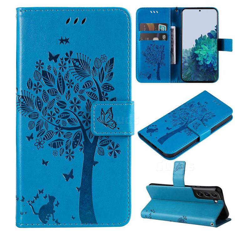 Embossing Butterfly Tree Leather Wallet Case for Samsung Galaxy S22 Plus (S22 Pro) - Blue