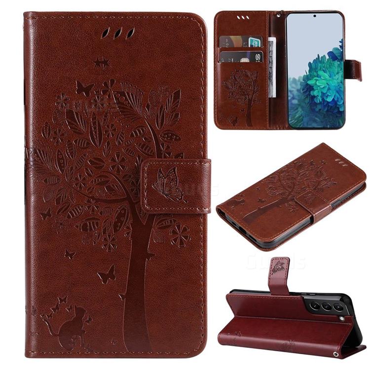 Embossing Butterfly Tree Leather Wallet Case for Samsung Galaxy S22 Plus (S22 Pro) - Coffee