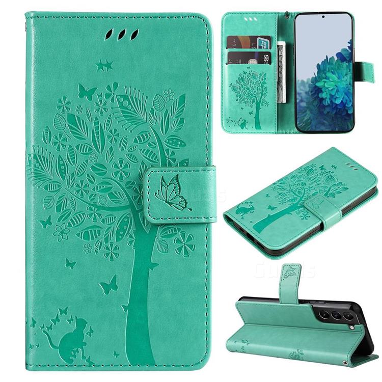 Embossing Butterfly Tree Leather Wallet Case for Samsung Galaxy S22 Plus (S22 Pro) - Cyan