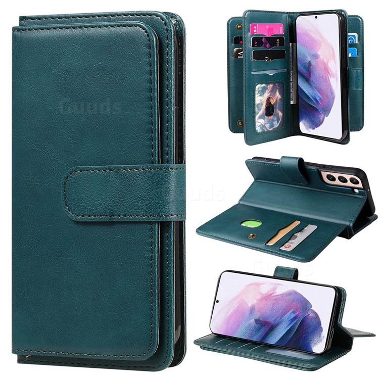 Multi-function Ten Card Slots and Photo Frame PU Leather Wallet Phone Case Cover for Samsung Galaxy S22 Plus (S22 Pro) - Dark Green