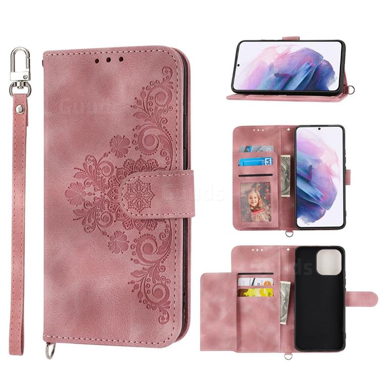 Skin Feel Embossed Lace Flower Multiple Card Slots Leather Wallet Phone Case for Samsung Galaxy S22 Plus (S22 Pro) - Pink