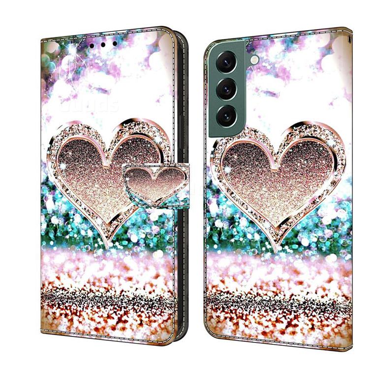 Pink Diamond Heart Crystal PU Leather Protective Wallet Case Cover for Samsung Galaxy S22 Plus (S22 Pro)