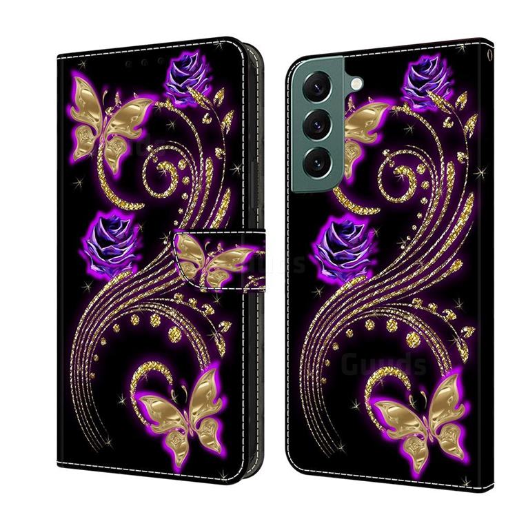 Purple Flower Butterfly Crystal PU Leather Protective Wallet Case Cover for Samsung Galaxy S22 Plus (S22 Pro)