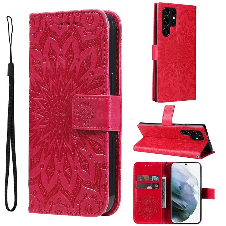 Embossing Sunflower Leather Wallet Case for Samsung Galaxy S22 Ultra - Red