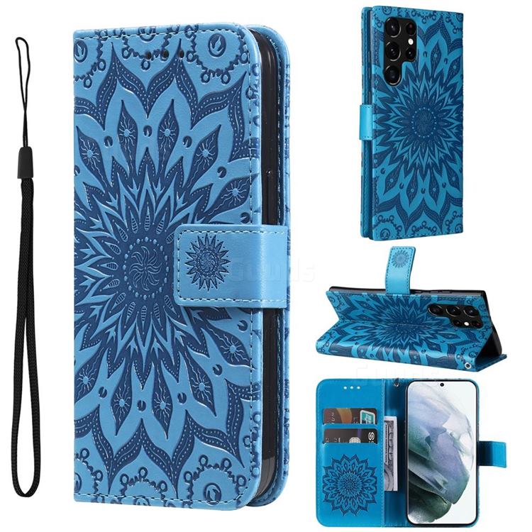 Embossing Sunflower Leather Wallet Case for Samsung Galaxy S22 Ultra - Blue