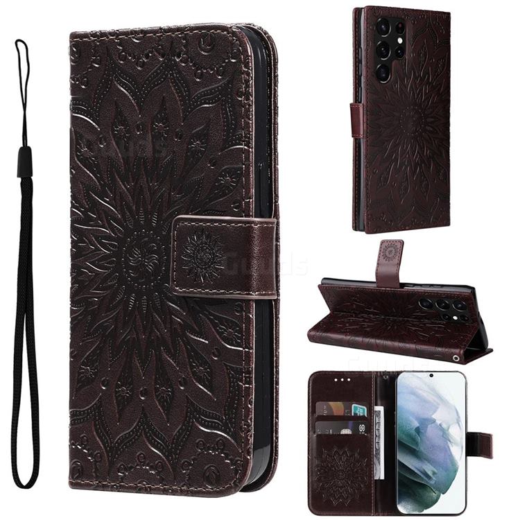 Embossing Sunflower Leather Wallet Case for Samsung Galaxy S22 Ultra - Brown