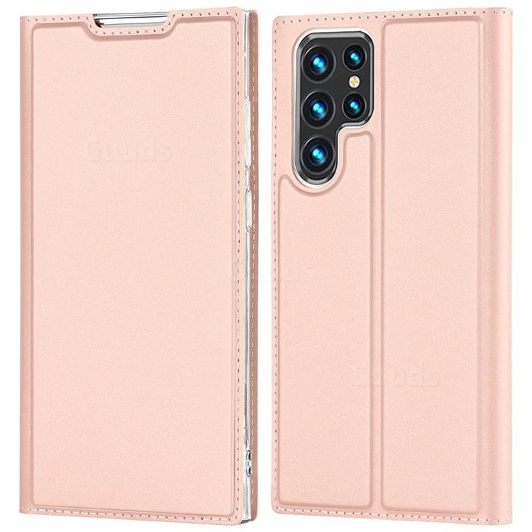 Ultra Slim Card Magnetic Automatic Suction Leather Wallet Case for Samsung Galaxy S22 Ultra - Rose Gold