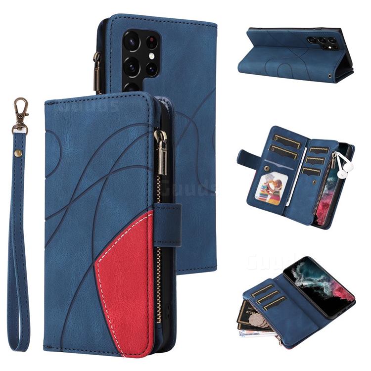 Luxury Two-color Stitching Multi-function Zipper Leather Wallet Case Cover for Samsung Galaxy S22 Ultra - Blue