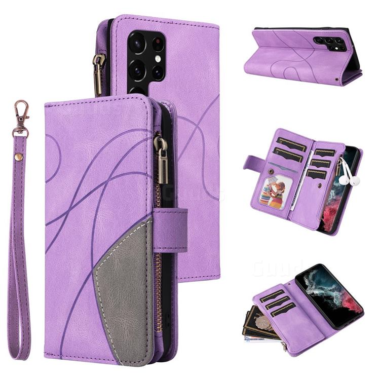 Luxury Two-color Stitching Multi-function Zipper Leather Wallet Case Cover for Samsung Galaxy S22 Ultra - Purple