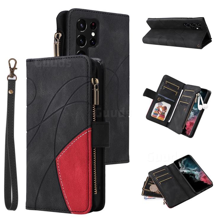 Luxury Two-color Stitching Multi-function Zipper Leather Wallet Case Cover for Samsung Galaxy S22 Ultra - Black