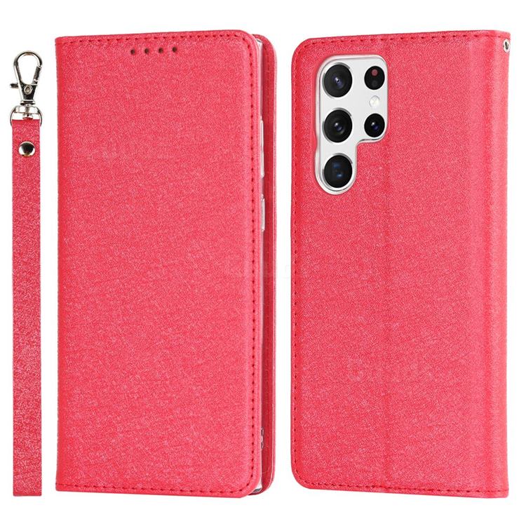 Ultra Slim Magnetic Automatic Suction Silk Lanyard Leather Flip Cover for Samsung Galaxy S22 Ultra - Red