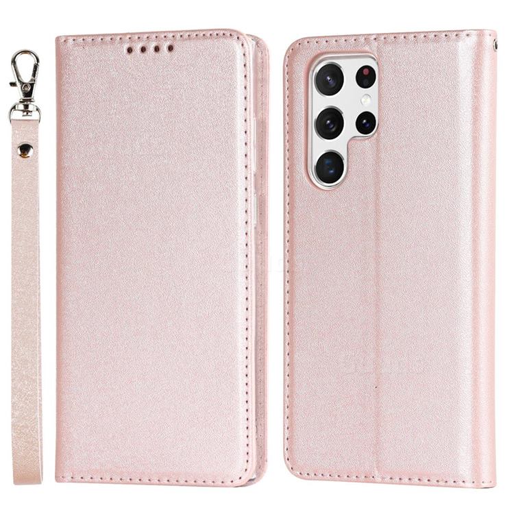 Ultra Slim Magnetic Automatic Suction Silk Lanyard Leather Flip Cover for Samsung Galaxy S22 Ultra - Rose Gold