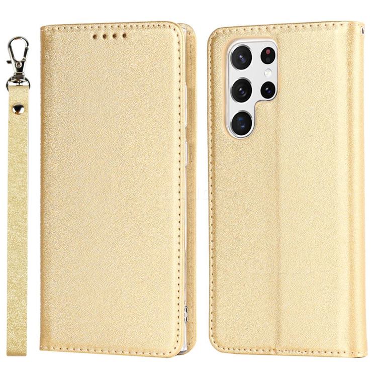 Ultra Slim Magnetic Automatic Suction Silk Lanyard Leather Flip Cover for Samsung Galaxy S22 Ultra - Golden