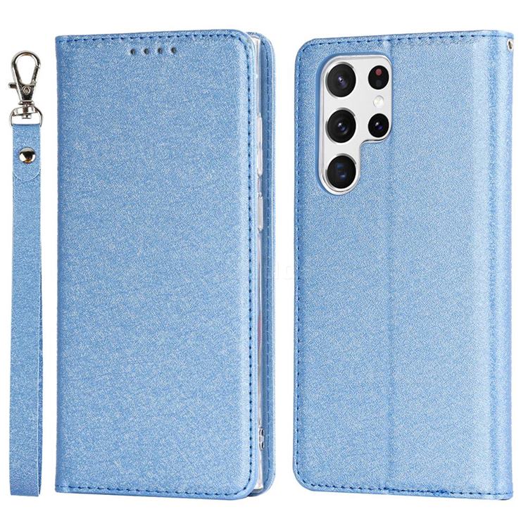 Ultra Slim Magnetic Automatic Suction Silk Lanyard Leather Flip Cover for Samsung Galaxy S22 Ultra - Sky Blue