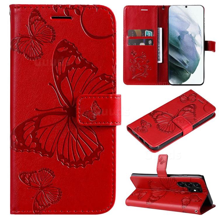 Embossing 3D Butterfly Leather Wallet Case for Samsung Galaxy S22 Ultra - Red