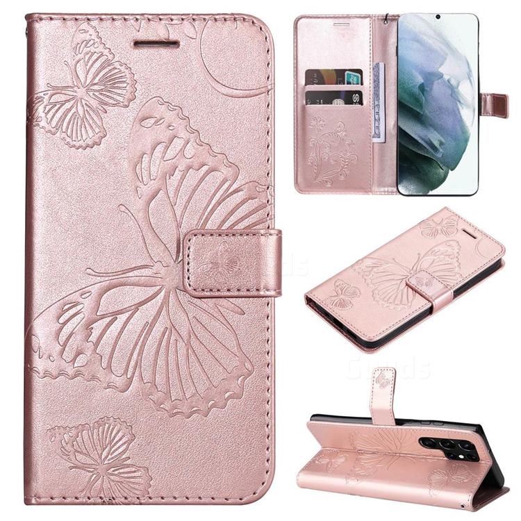 Embossing 3D Butterfly Leather Wallet Case for Samsung Galaxy S22 Ultra - Rose Gold