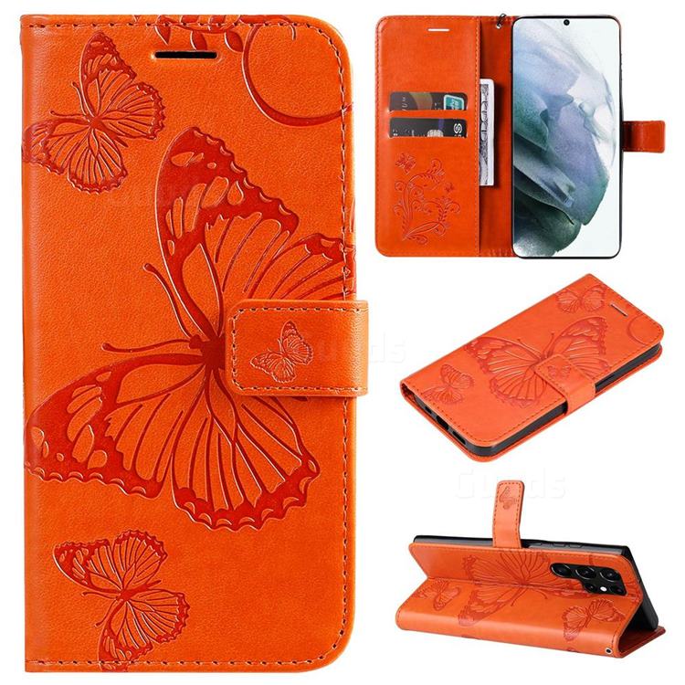 Embossing 3D Butterfly Leather Wallet Case for Samsung Galaxy S22 Ultra - Orange